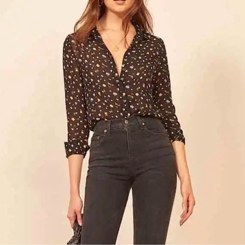 Reformation Black Long Sleeve Violet Blouse / Button Down - Lansky Floral Medium